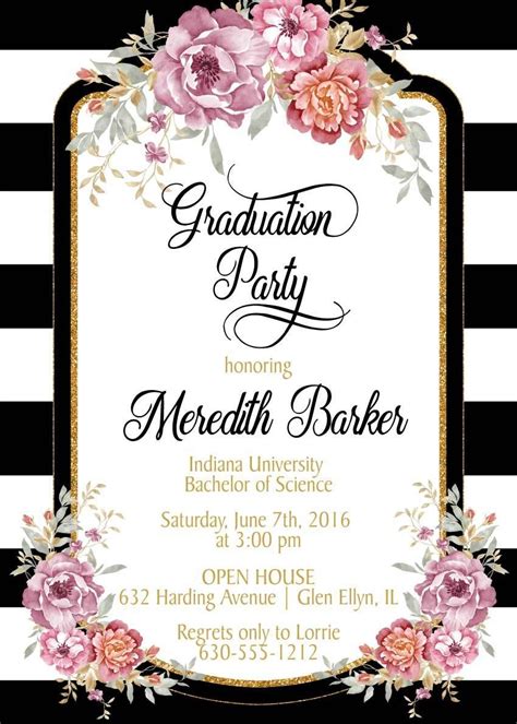 A Black And White Striped Graduation Party With Pink Flowers On The Front And Gold Foil Lettering