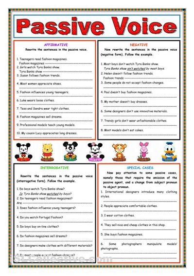 Some more example sentences of active and passive when an active voice in simple present tense is converted into passive voice; Passive voice (Present Simple) worksheet - Free ESL ...
