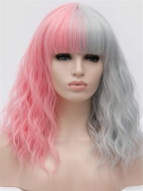 Half Pink Half Grey Short Wavy Non Lace Wefted Wig With Bang