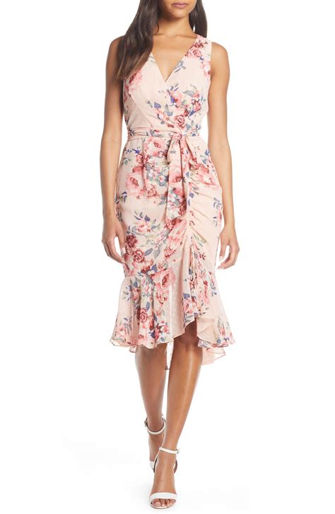 eliza j floral ruched chiffon faux wrap dress in pink lyst