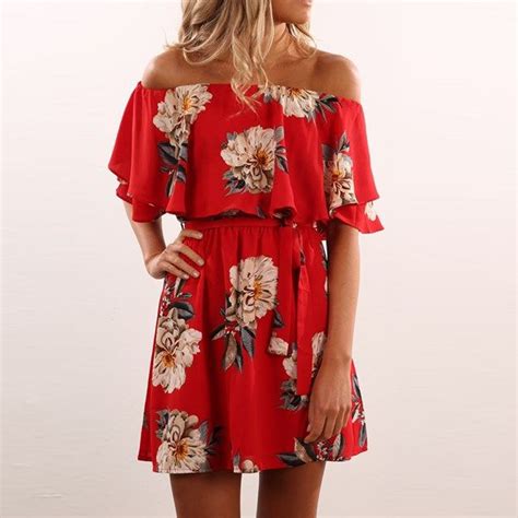 Buy Red Floral 2017 Summer Dress Off Shoulder Ruffles