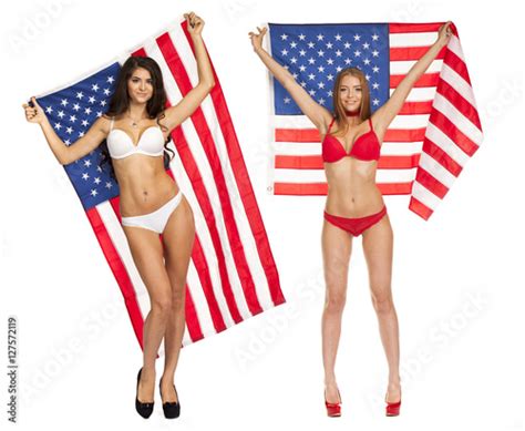 Beautiful Girl In Bikini Holding The Usa Flag Stock Photo And Royalty