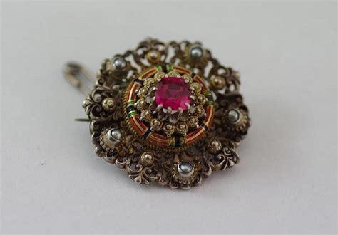 Enamel Pearl Pink Stone Vintage Brooch Brooches Jewellery