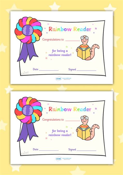 Two Rainbow Reading Certificates With An Image Of A Book And A Flower On It