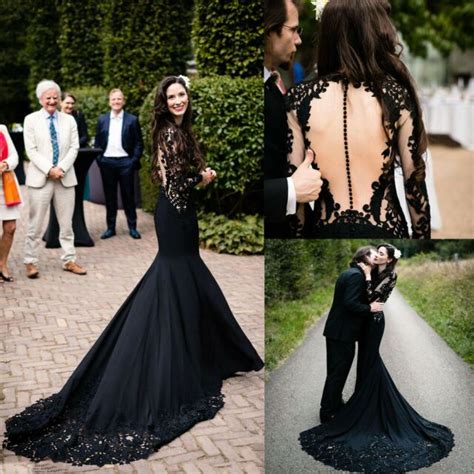 Black Wedding Dresses Gothic Lace Mermaid Bridal Gowns Long Sleeves