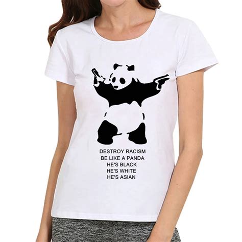 women white color funny panda t shirt short sleeve cute panda destory racism t shirt top tees