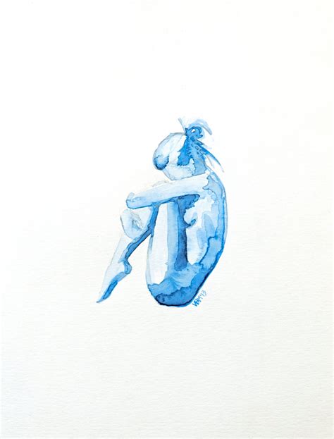 Fine Art Print Blue Watercolor Nude Woman Figure