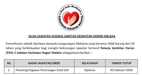 Iklan rasmi jawatan kosong jabatan kesihatan negeri melaka 2016 diatas, syarat kelayakan dan cara permohonan sila layari laman sesawang vacancy jkn melaka disini. Jawatan Kosong di Jabatan Kesihatan Negeri Melaka ...