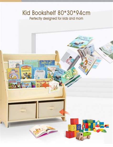 5 Level Kids Wooden Bookshelf Bookcase Canvas Sling Toy Storage