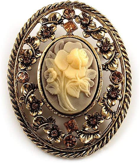 Avalaya Vintage Floral Crystal Cameo Brooch Antique Gold