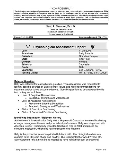 This document is copyrighted by the american psychological association or one of its allied publishers. ψ Psychological Assessment Report