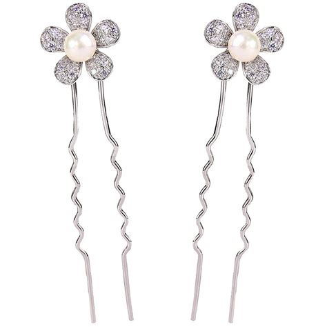 Ever Faith Womens Cz White Simulated Pearl Flower Bridal Hair Pin Set Of 2 Clear Silver Tone