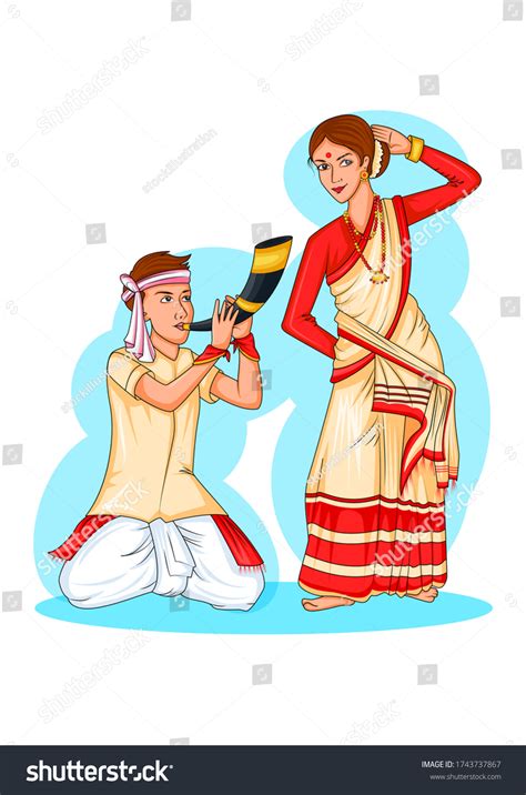 Couple Performing Bihu Folk Dance Of Assam India Stock Illustration By