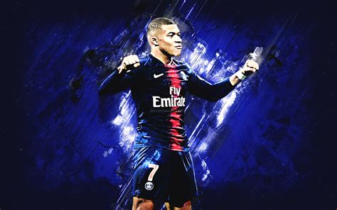 Download Wallpapers Kylian Mbappe Grunge Psg Blue Stone Soccer