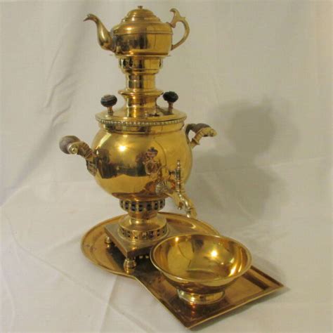 Antique Russian Brass Samovar W Tray Bowl And Teapot Batasheva Nikolai