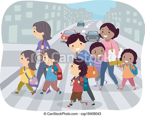Cruze Rua Crianças Junto Seu Rua Pais Ilustração Cruzamento