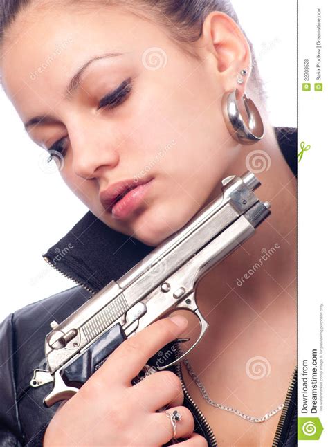 Portrait Of The Beautiful Girl With Gun Stock Photo Image Of Hair