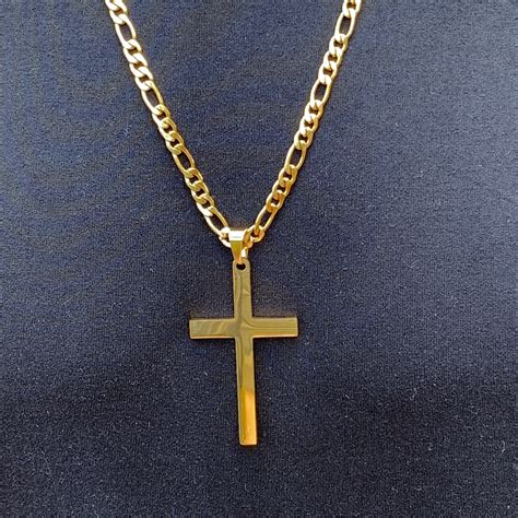 Large Gold Cross Necklace For Men With Figaro Chain Gold L