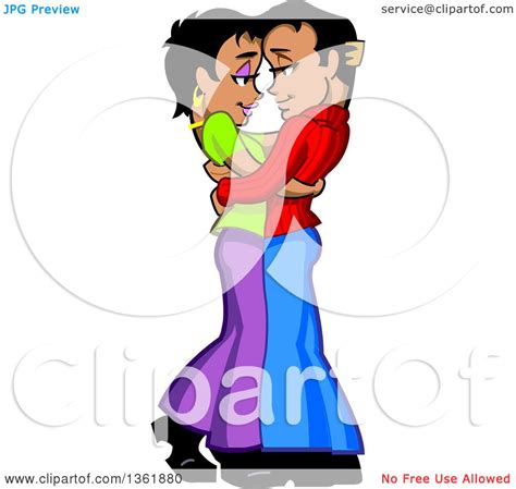 Clipart Of A Cartoon Romantic Young Black And Hispanic Couple Hugging