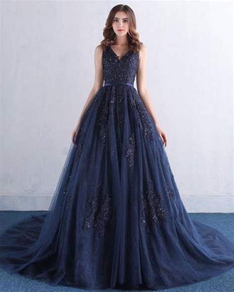 Navy Blue Prom Dress Lace Prom Dress Beautiful Tulle Long Evening