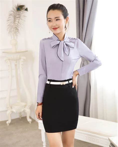 Formal Women Business Suits With Skirt And Blouse Sets Grey Shirts Female Tops Office Uniform