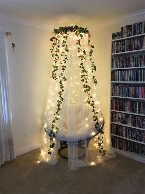 Diy canopy with fairy lights homemade wooden bed curtain chic on the cheap: Our fairy fort reading nook we made with a Pier 1 papasan ...