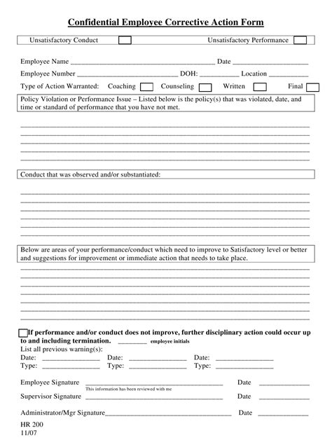Confidential Employee Corrective Action Form Download Fillable Pdf