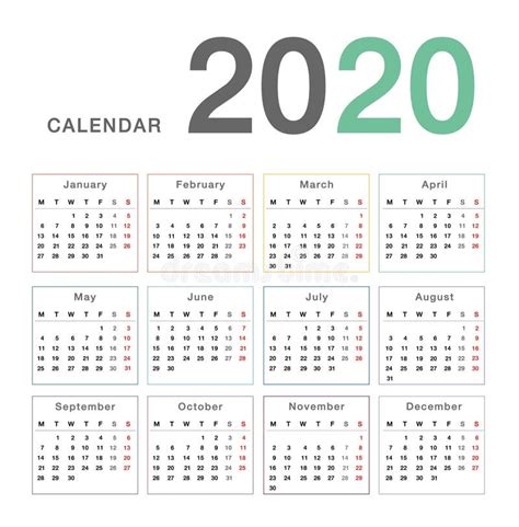 Year 2020 Calendar Vector Design Template Simple And Clean Design