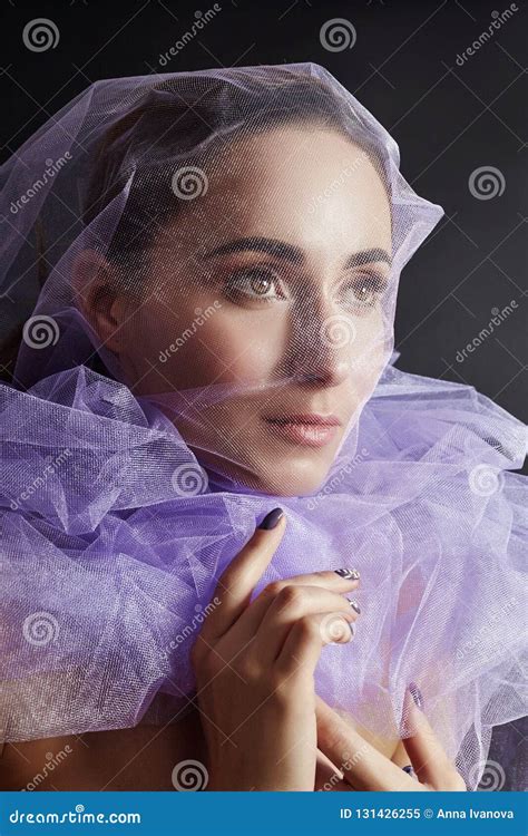 Woman Wrapped In Purple Fabric Beautiful Slim Figure Purity And