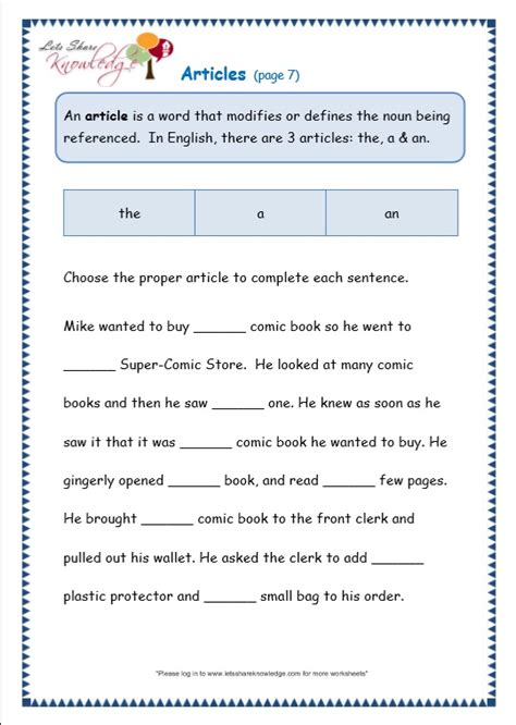 Worksheets are english activity book class 3 4, english test paper class i name class sec why did the, feg practice final examination part one directions, 4 activity work, prepositions exercise, grade 3 english language. Grade 3 Grammar Topic 34: Articles Worksheets - Lets Share ...