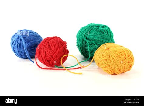 Colorful Woolen Yarn In The Colors Yellow Red Blue And Green Stock