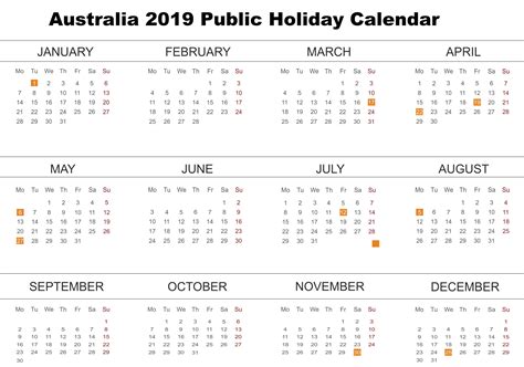Australia 2019 Public Holidays Calendar Holiday Calendar Calendar