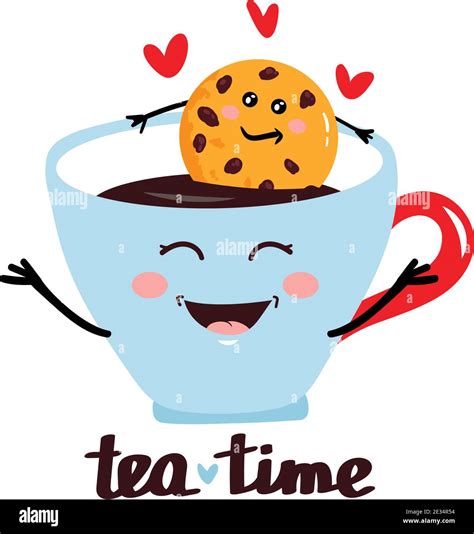 Cute Flat Kawaii Mug With Tea Tea Package And Fun Cookie Happy