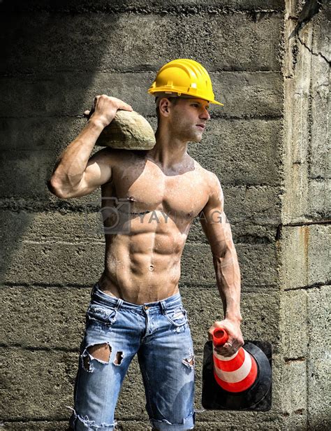 handsome muscular construction worker shirtless outdoor by artofphoto vectors and illustrations