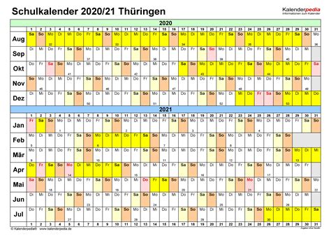 Kalender nasional tahun 2021 atau kalender masehi ini dilengkapi dengan kalender islam dan jawa, sehingga memudahkan anda untuk melihat perpaduan antara tanggal nasional dan tanggal jawa serta. Schulkalender 2020/2021 Thüringen für PDF