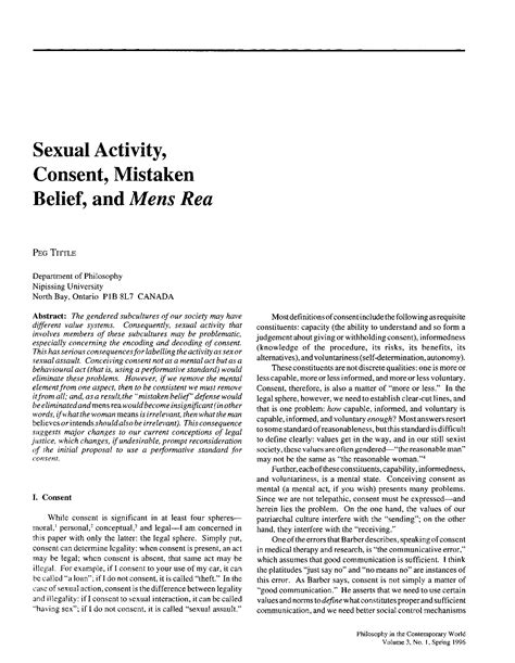 Sexual Activity Consent Mistaken Belief And Mens Rea Peg Tittle Philosophy In The