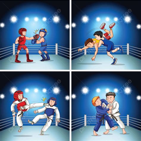 Set Of Different Fighting Scenes Boxing Graphic Wrestling Vector