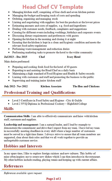 Indian Chef Resume Sample Word Pdf Template