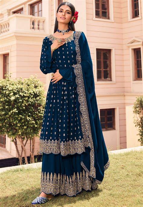 Embroidered Georgette Pakistani Suit In Navy Blue Kch7816