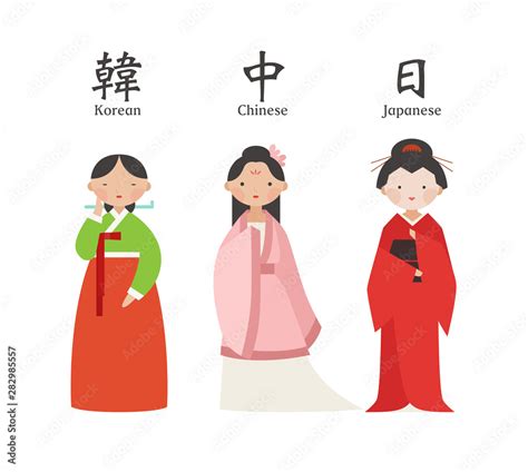 female character set wearing korean chinese japanese traditional costume flat design style