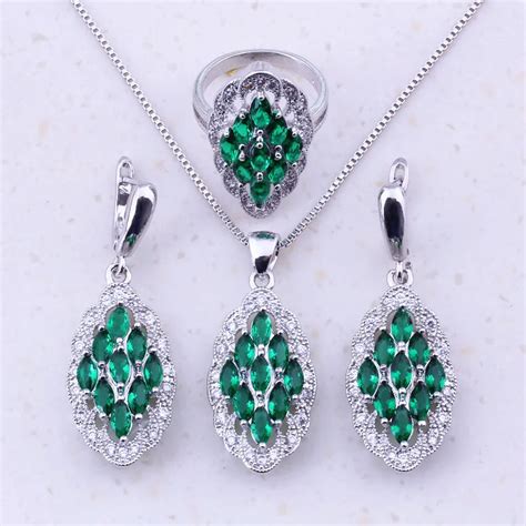 Cheerful Green Created Emerald White CZ 925 Sterling Silver Jewelry