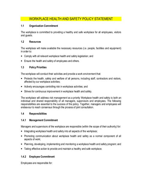 ohs policy statement free template free printable templates