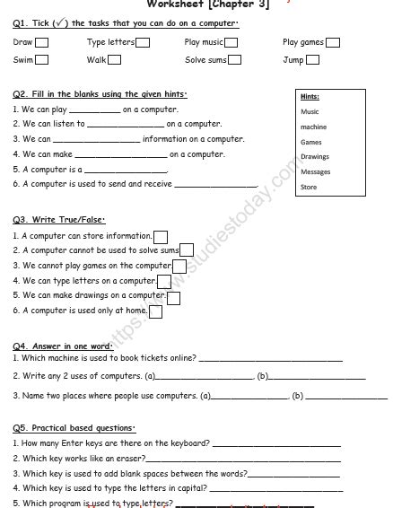 Cbse Class 1 Computer Science Uses Of A Computer Worksheet Set B