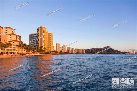 Skyline View Of Waikiki Beach And Diamond Head Crater Viewed From The