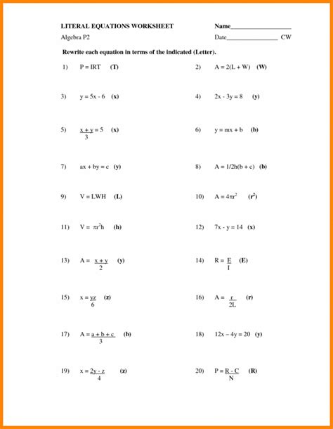 Become a patron via patreon or donate through paypal. Literal Equations Worksheet - Algebra