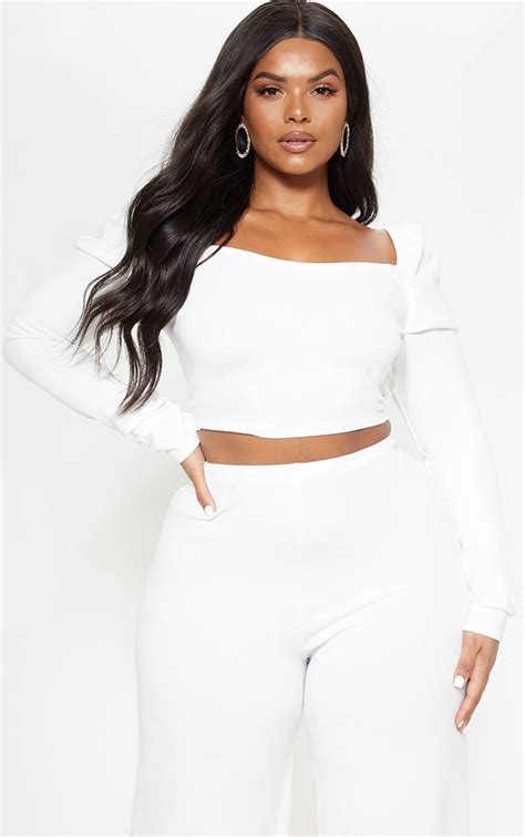 Plus White Puff Long Sleeve Crop Top Prettylittlething