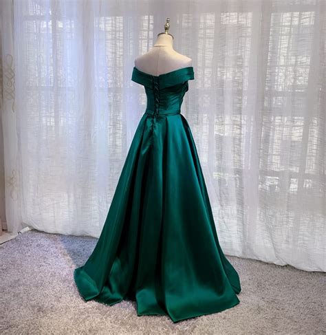 Elegant Ball Gown Off The Shoulder Dark Green Satin Prom Gowns On Storenvy