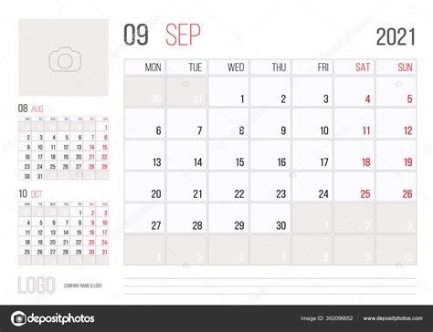 Calendario 2021 Planificador Plantilla Corporativa Diseño Mes Septiembre Semana Comienza Stock