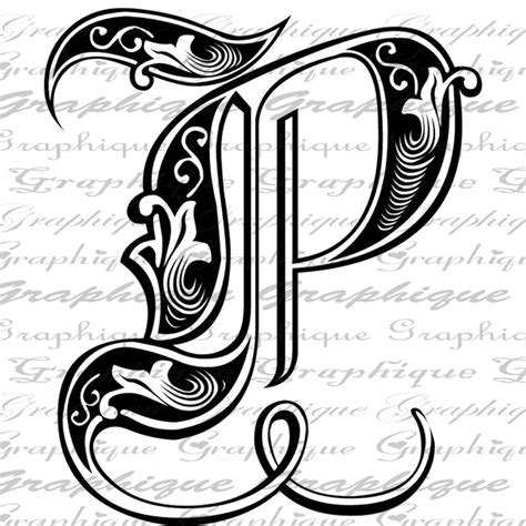 Letter Initial P Monogram Old Engraving Style Type Text Word Etsy