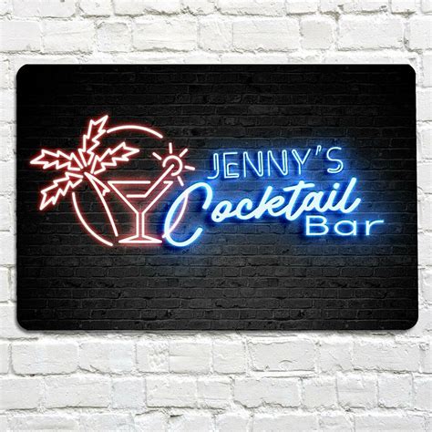 A Neon Sign That Says Jennys Cocktail Bar On A Brick Wall With A Palm Tree